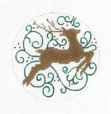 Golden Reindeer & Filigree 4" Rd. handpainted Needlepoint Canvas Amanda Lawford