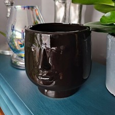 Ceramic Plant Pot Holder Cover Face Head Decorative Black Glaze Home Indoor 14cm