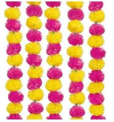 Artificial Genda Phool Mala Flowers Garland for Decoration Yellow & Pink 5 Pcs