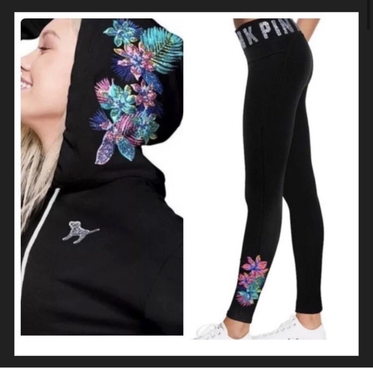 Victoria's Secret Pink Hibiscus bling Tropical Hoodie/ Yoga leggings Outfit  M