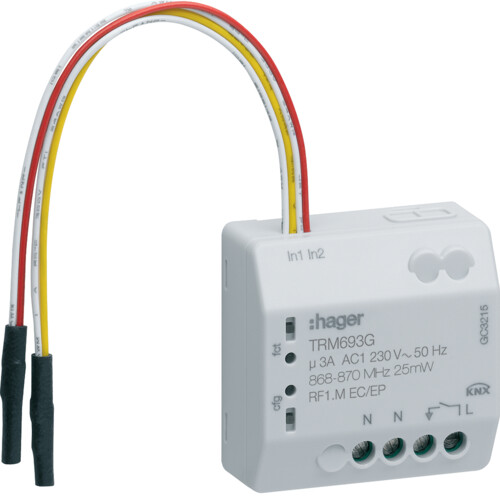 Hager TRM693G Funk Up Schaltaktor 1Fach/BinäReingang 2Fach 3Draht 230V 3A-image