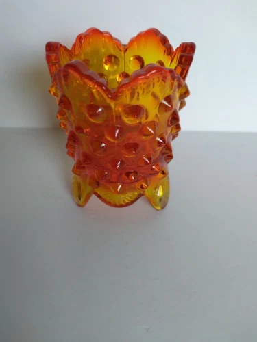 Vintage Fenton Amberina Hobnail Footed Glass Toothpick Holder 3"