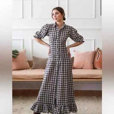 Mille Resort Blue Brown Plaid Button Front Maxi Dress XXS