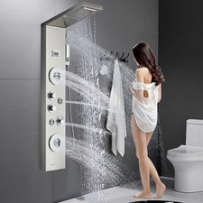 Shower Panel Tower System Brushed Nickel Shower Faucet Set Rain Massage Body Jet