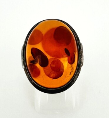 Vintage Silver Ring with Cognac Amber - 925 R Handmade Unique