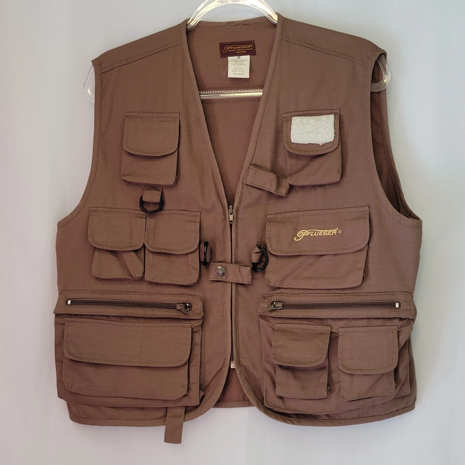 Pflueger Brown Cotton Fly Fishing Zip Front Utility Vest Pockets Adult Medium