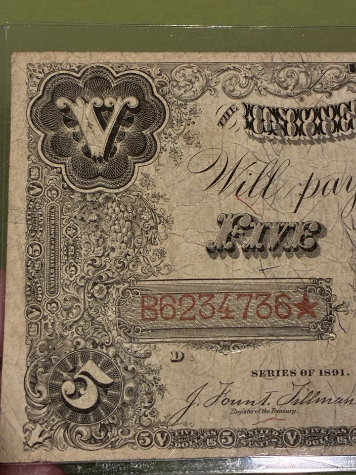 1891 $5 Bill Treasury Note Gen. George H. Thomas Nice Clean Example! FR. 363 - Image 4 of 4