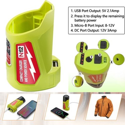 USB Power Source Battery Charger Adapter w/LED Work Light for Milwaukee Battery