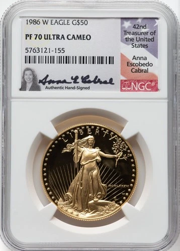 1986-W Gold $50 Eagle One Ounce NGC PR70 Ultra Cameo Hand Signed Anna Cabral