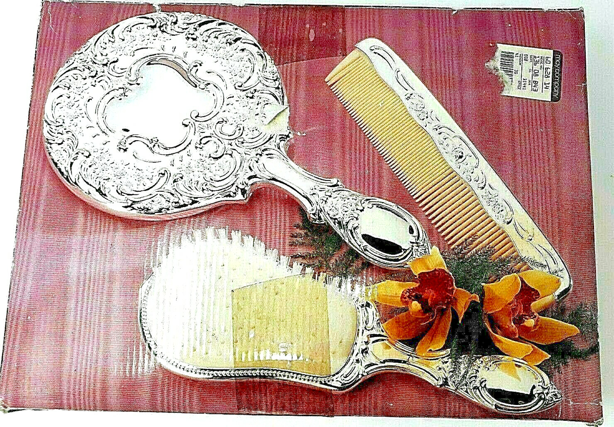 Vintage Victorian Vanity Set Brush Comb and Mirror Silver 