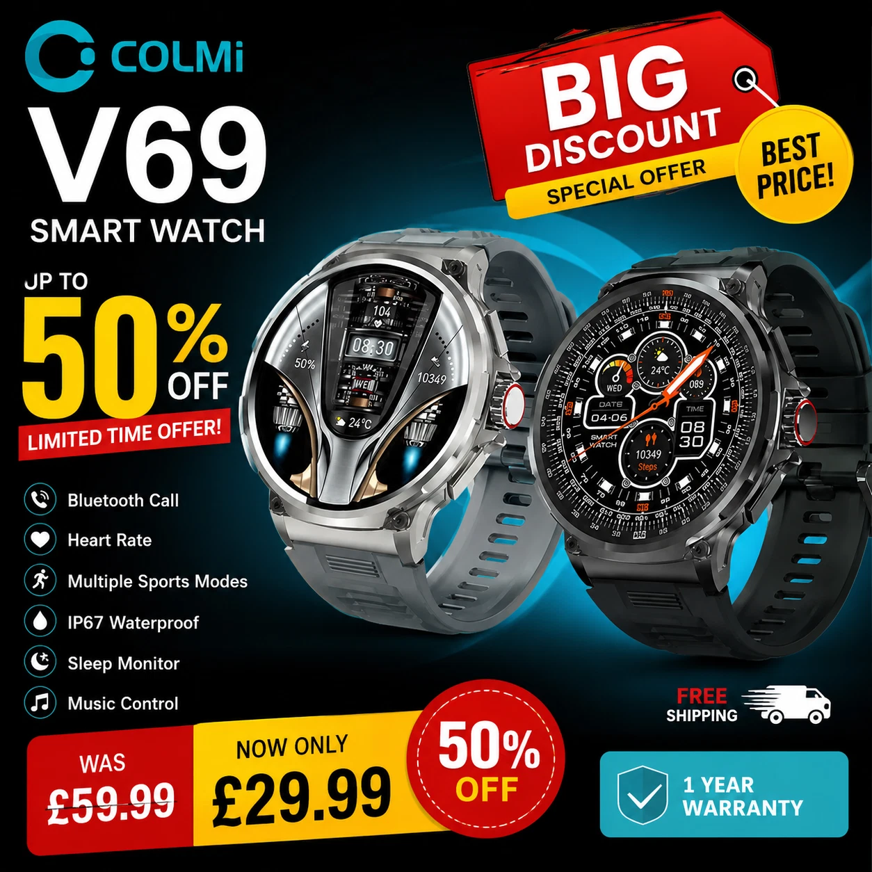 COLMI V69 Smart Watch Bluetooth Call 1.85" HD Display IP68 Fitness Tracker UK
