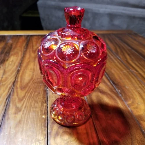 Vtg L. E. Smith Moon and Stars Amberina Pedestal Compote Candy Dish with Lid CMR