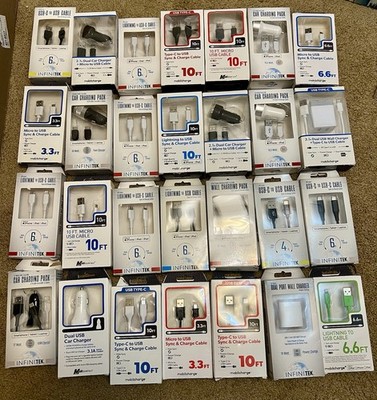 Large Bulk Lot (28 Pieces)Of Infinitek & Mobilessentials Chargers/cords/cables.