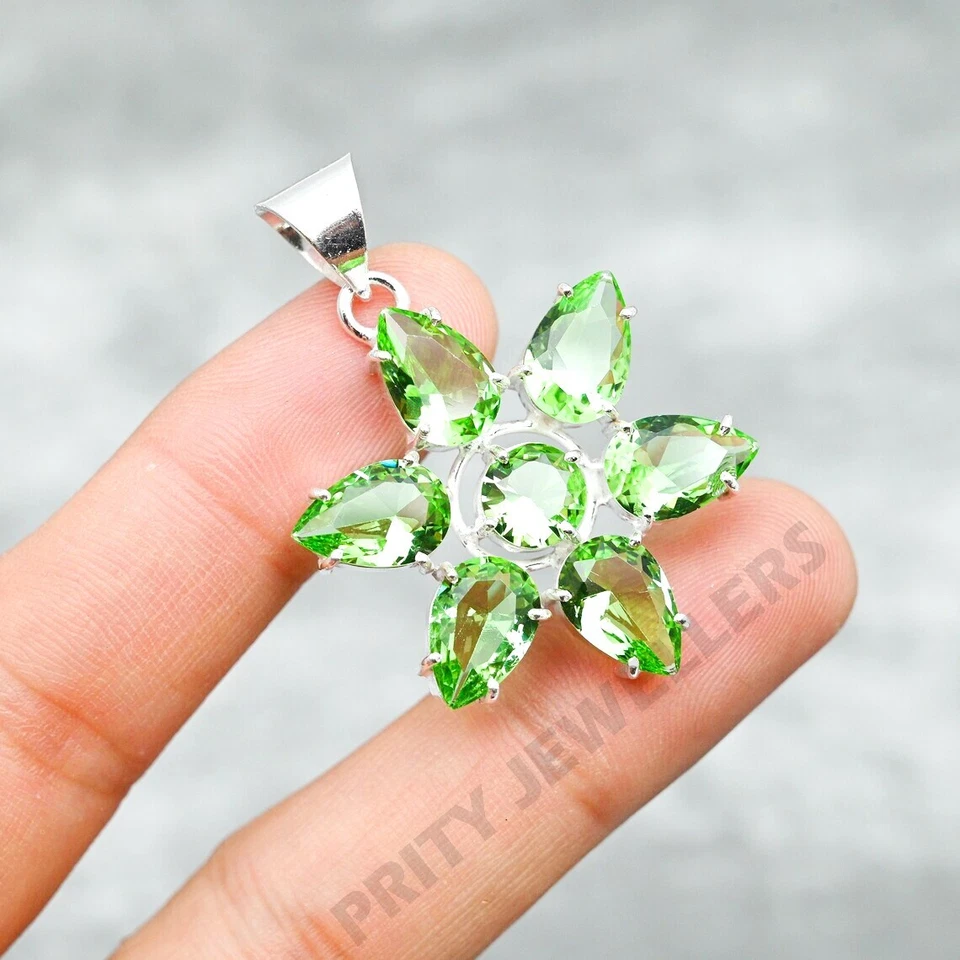 Peridot Flower Pendant 925 Sterling Silver Handmade Gemstone Jewelry Gift - Image 3 of 4
