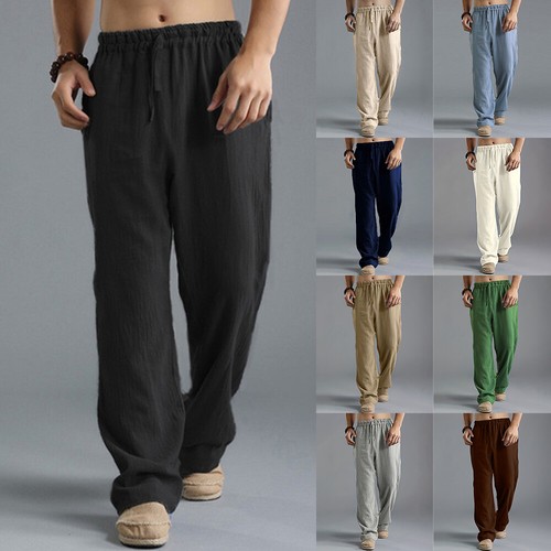 Mens Cotton Linen Harem Pants Wide Leg Elastic Waist Casual Yoga Trousers Jogger