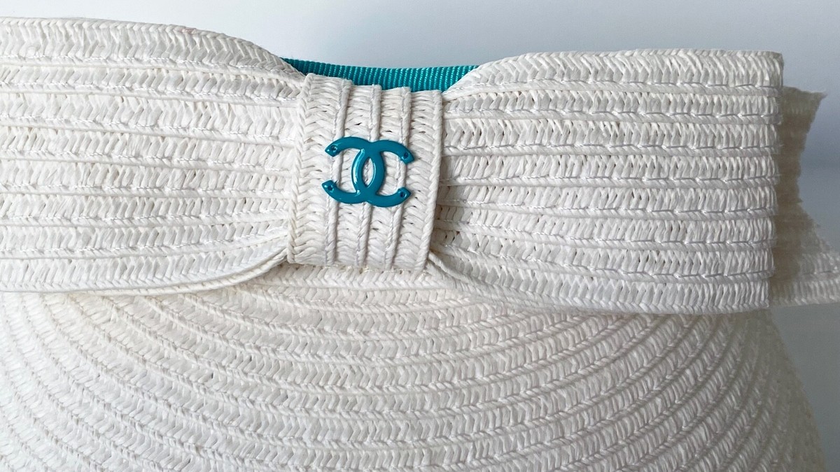 NEW 21S CHANEL WHITE TURQUOISE BLUE PAPIER RIBBON SUN VISOR S | eBay
