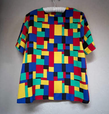 Vintage Kathy Che Womens Multicolor Colorblock Short Sleeve Top Blouse Large