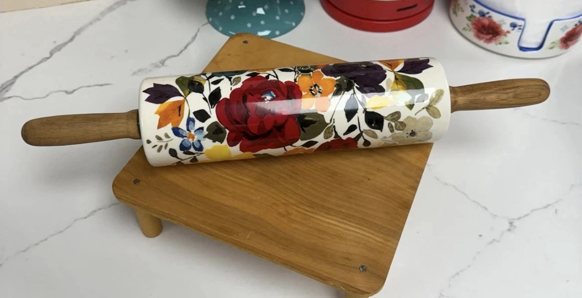 PIONEER WOMAN White “Timeless Floral” Autumn Ceramic Fall ROLLING PIN