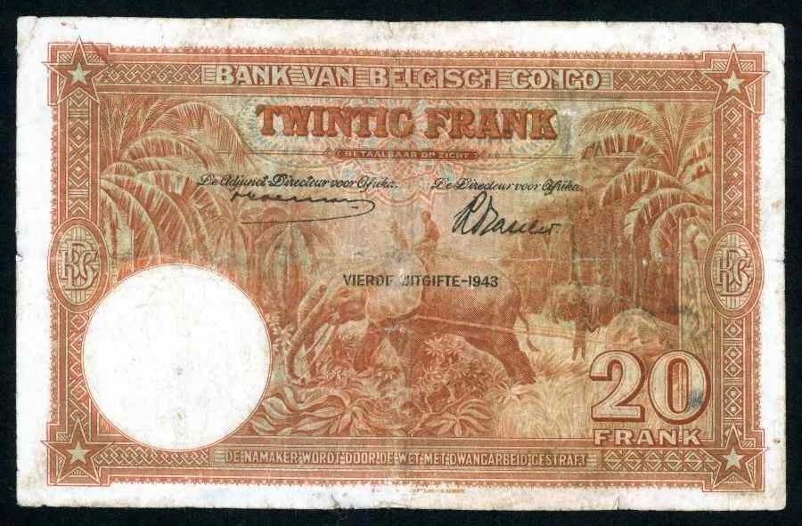 1943 Bank of Belgian Congo Twenty Francs Banknote Pick Number 15C VG++ - Image 3 of 3