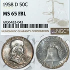 1958 D Franklin Half Dollar MS 65 FBL NGC GEM 50C Silver Full Bell Lines Coin
