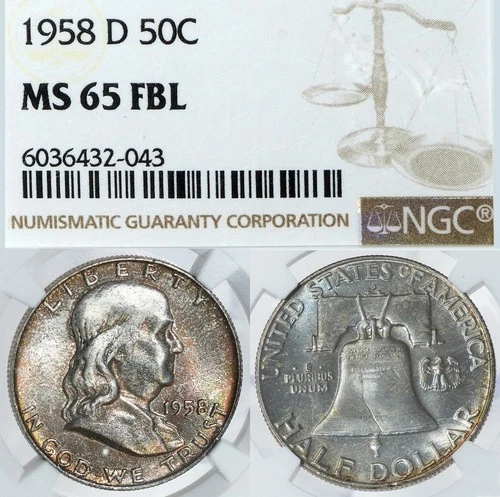 1958 D Franklin Half Dollar MS 65 FBL NGC GEM 50C Silver Full Bell Lines Coin