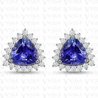 5Ct Trillion Natural Tanzanite & Diamond Stud Pair Earring 18k White Gold Plated