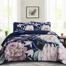 Floral Quilt King Size - 3 Pieces Navy Blue Quilt Botanical Bedspread Soft Li...