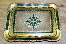 Vintage Italian Florentine Gilt Wood Tray Green Gold Hand Painted 12"x9"