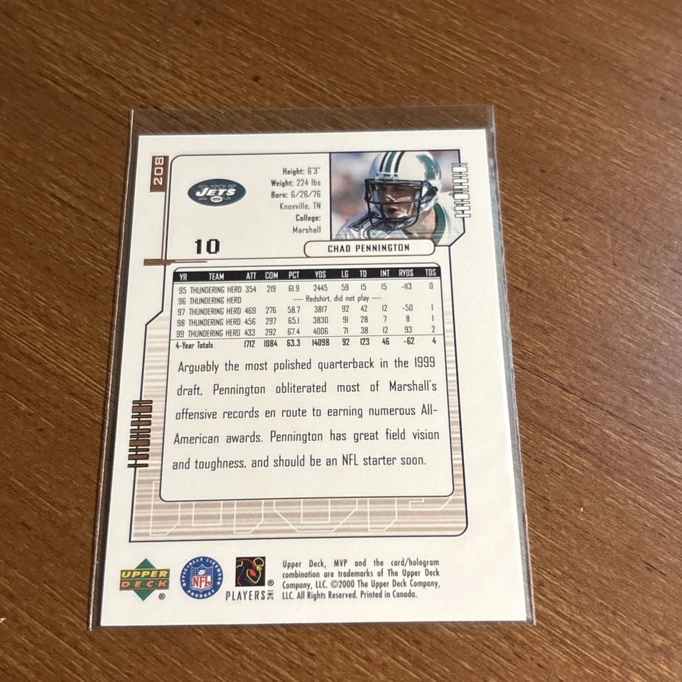 Chad Pennington 2000 Upper Deck MVP #208  Rookie   New York Jets - Image 2 of 2