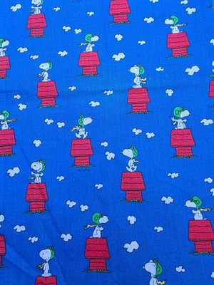 RARE  BLUE Cotton Fabric Snoopy RED BARON DOG HOUSE  22''X36'' pc CONCORD 2002