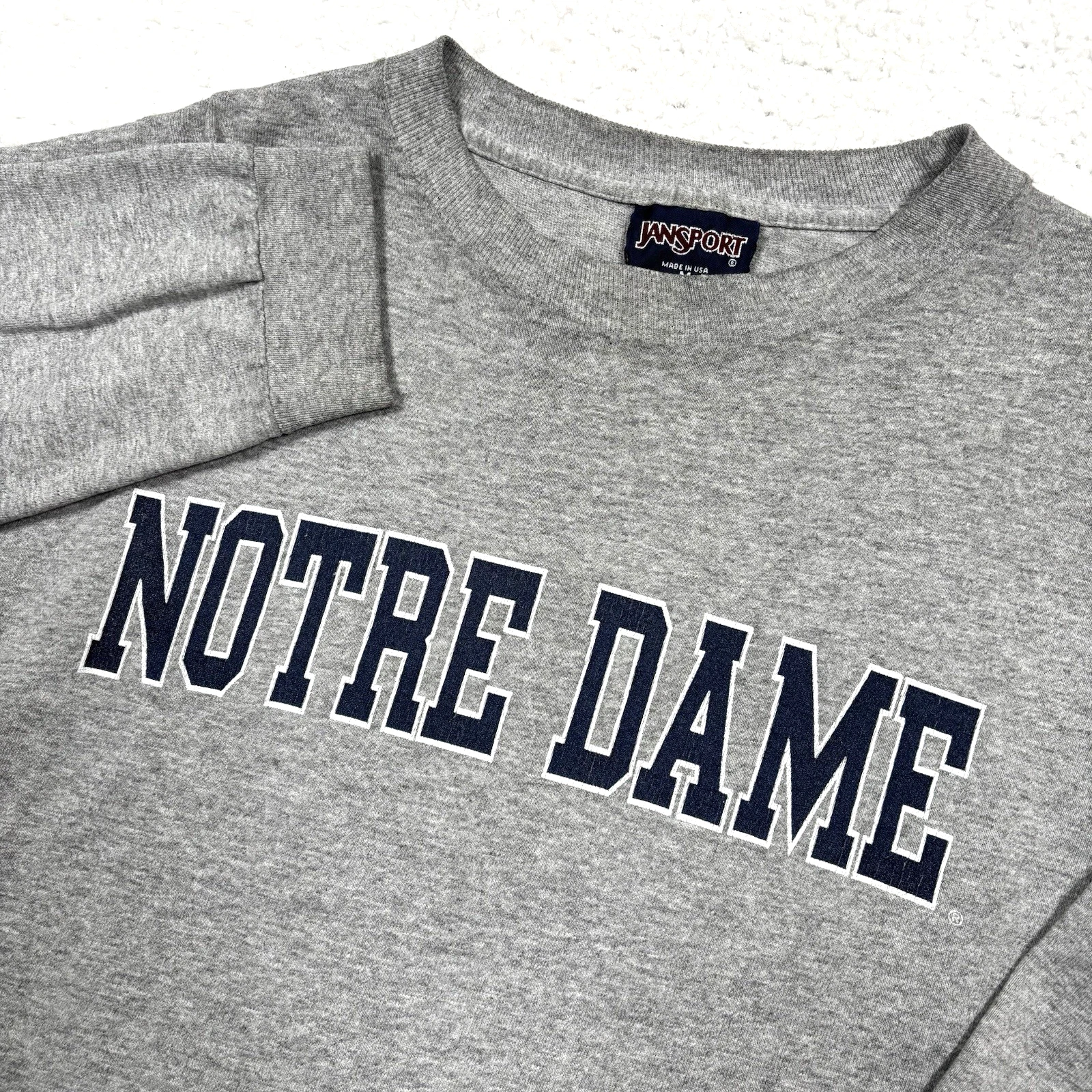 VTG 90s Notre Dame Long Sleeve TShirt Men M Gray Blue Spellout MADE USA Jansport