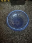 This item is a vintage Fenton blue opalescent glass basket weave bowl,