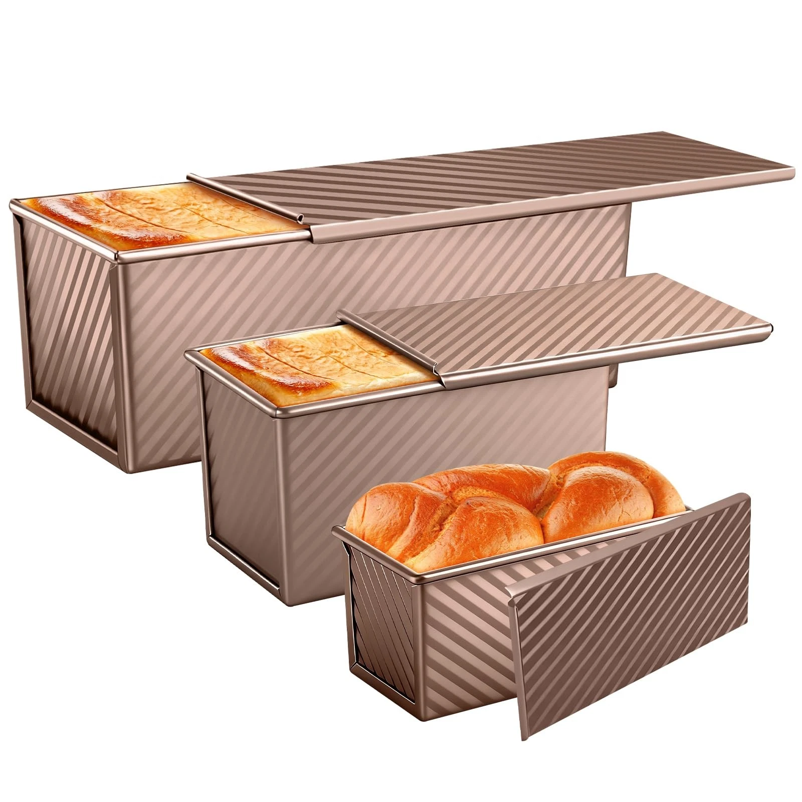 3 Pack Pullman Loaf Pans with Lids, 2.2LB 1LB 0.5LB Bread Pans, Non-stick Car...