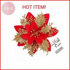 GREENTIME 12 Pcs Glitter Poinsettia 5.5" Artificial Flowers Christmas with Clips