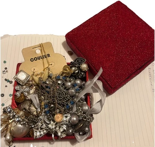 Vintage Costume Jewelry Lot Wearable Junk Craft Lot Comes With Red Box.