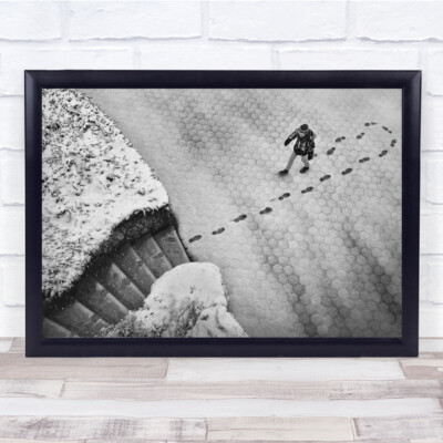 Tracks Footprints Black White Street Person Winter Snow Cold Steps Stairs Print