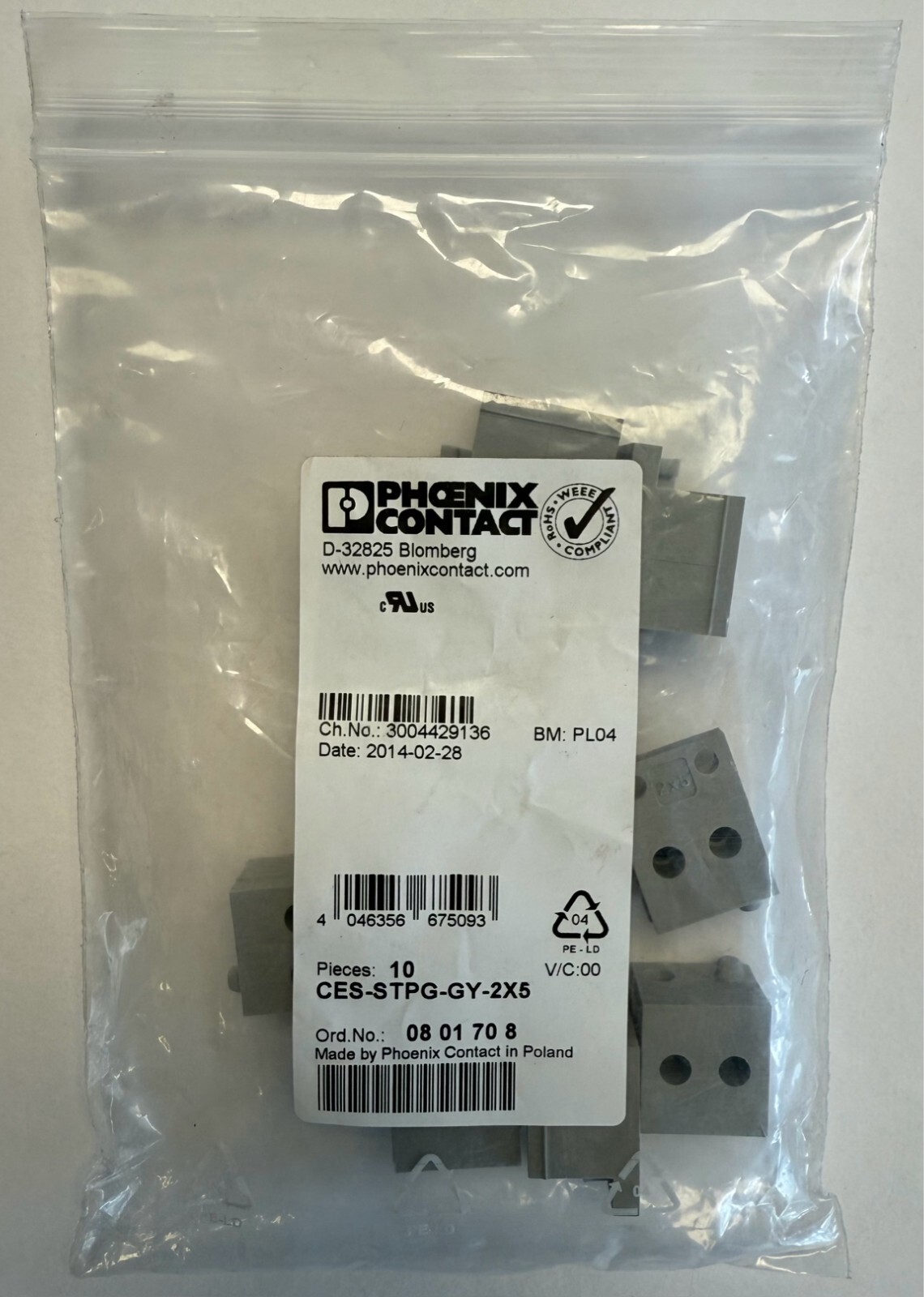 10 Pieces Phoenix Contact Cable Grommet / CES-STPG-GY-2X5 / 0801708 / BNIB