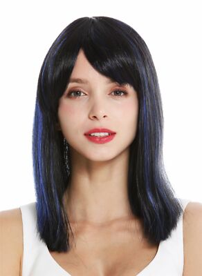 Perücke Damen schulterlang glatt Pony gescheitelt schwarz blaue Highlights