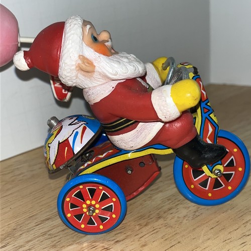 Vintage Tin Litho Wind Up Toy - Santa Claus On Tricycle - Balloon & Bell -Works! - Picture 6 of 8