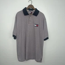 Vintage Tommy Hilfiger Polo Shirt Mens L Red Blue  Vertical Striped Flag 90s