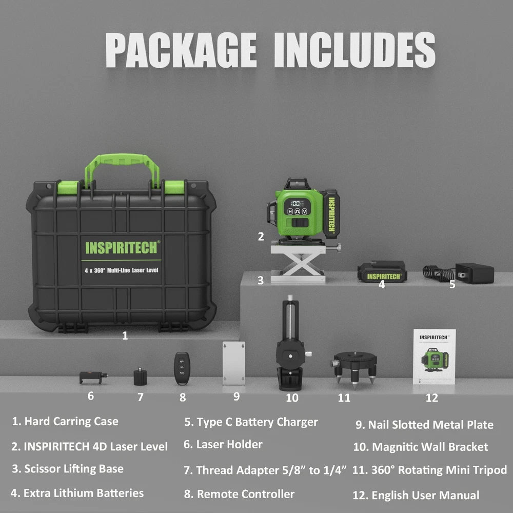 INSPIRITECH 4x360 Self-Leveling Laser Level for Floor Wall Ceiling Alignment