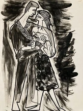 Très Beau Dessin Encre Sur Papier Personage Erotique Homme Art  Pecoul 1950