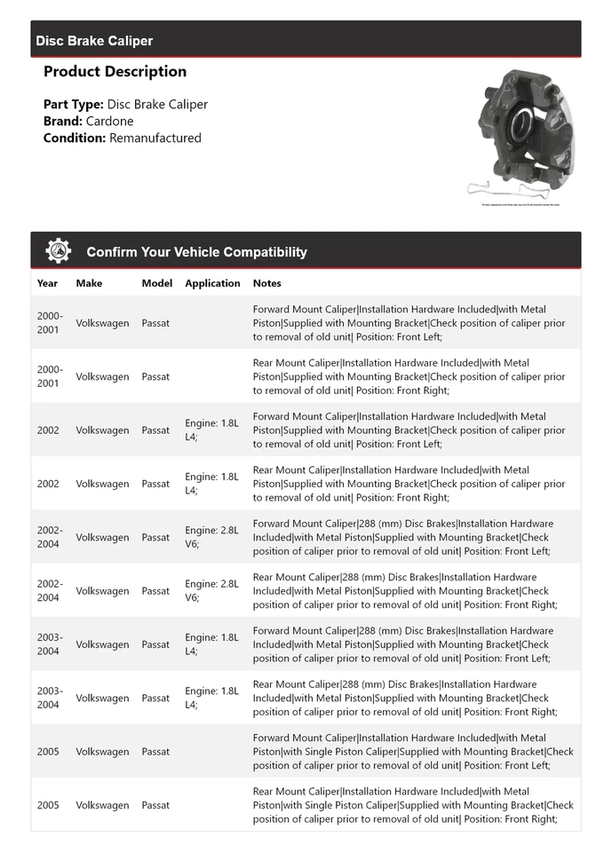 Pinza de freno de disco Cardone 2001 2002 2003 2004 para Volkswagen Passat 2000-2005 Foto 2 de 4