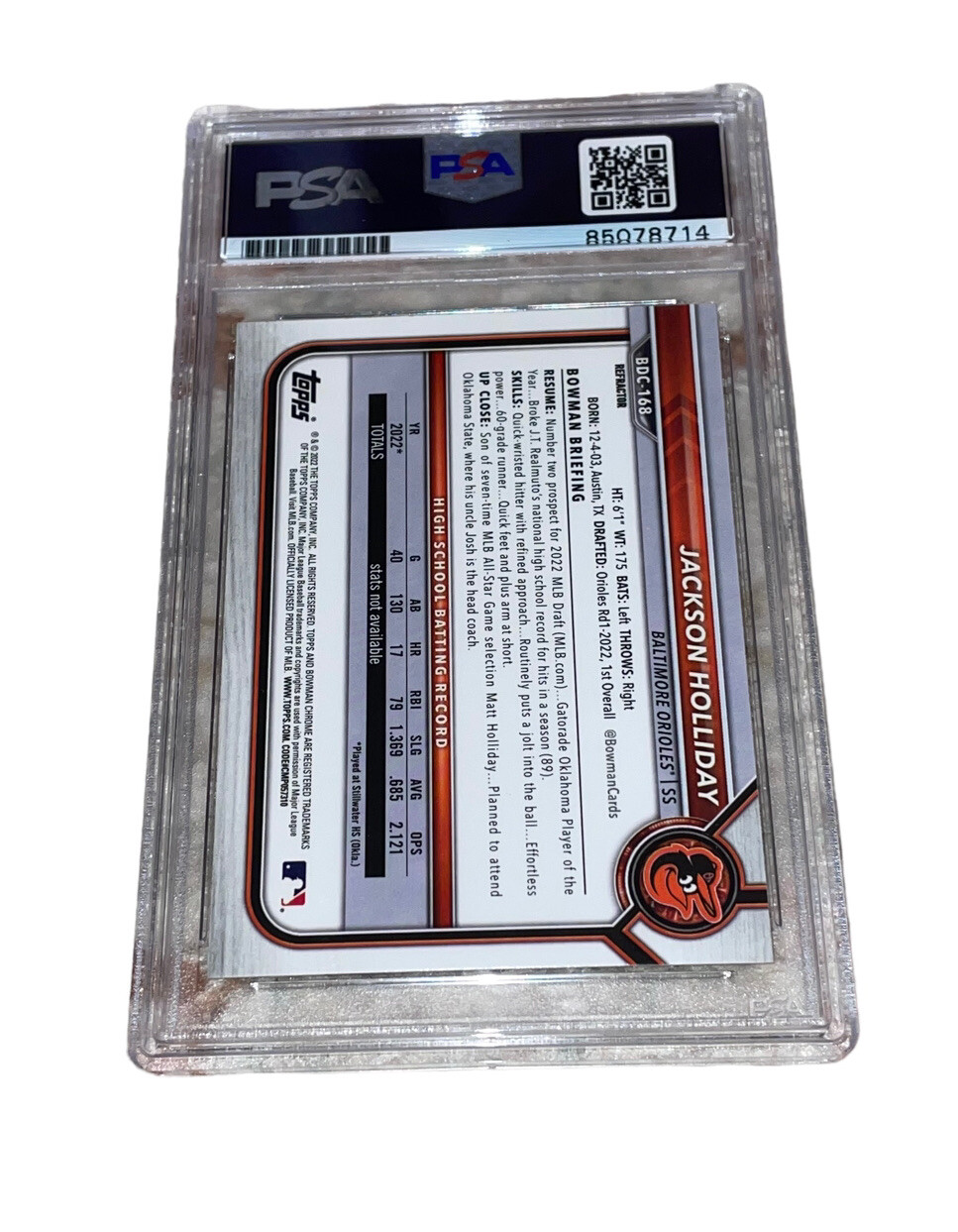 Jackson Holliday Signed Refractor 1st Bowman Chrome Card Auto PSA/DNA Cert view 2