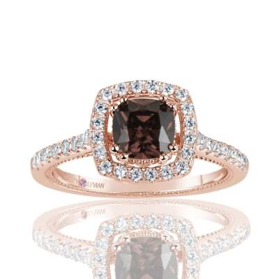 Suzy Levian Rose Sterling Silver Brown Asscher Cut CZ Halo Engagement Ring 925