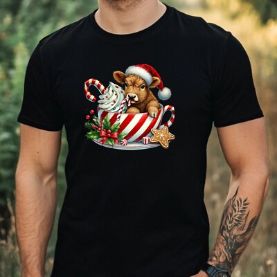 Mens Christmas Highland Cow Motif Cotton T-Shirt Size XS to 5XL