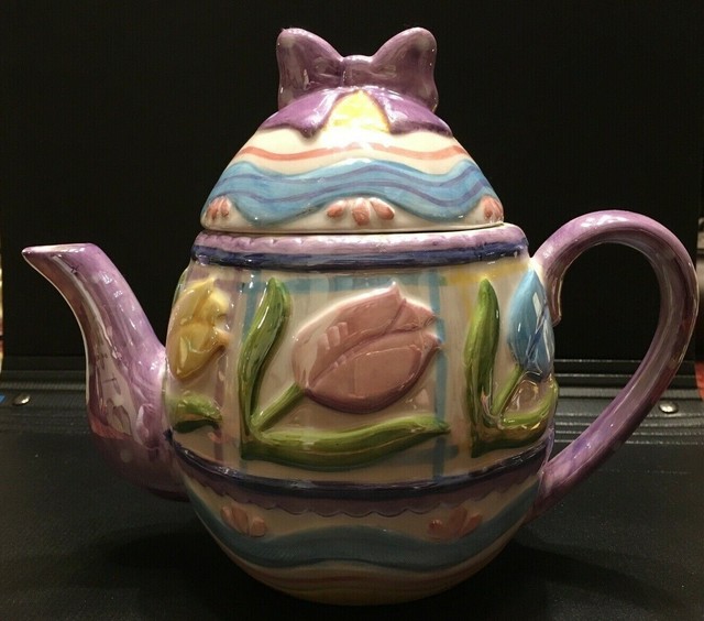 Burton + Burton Springtime Teapot Ceramic tulips and bows eBay