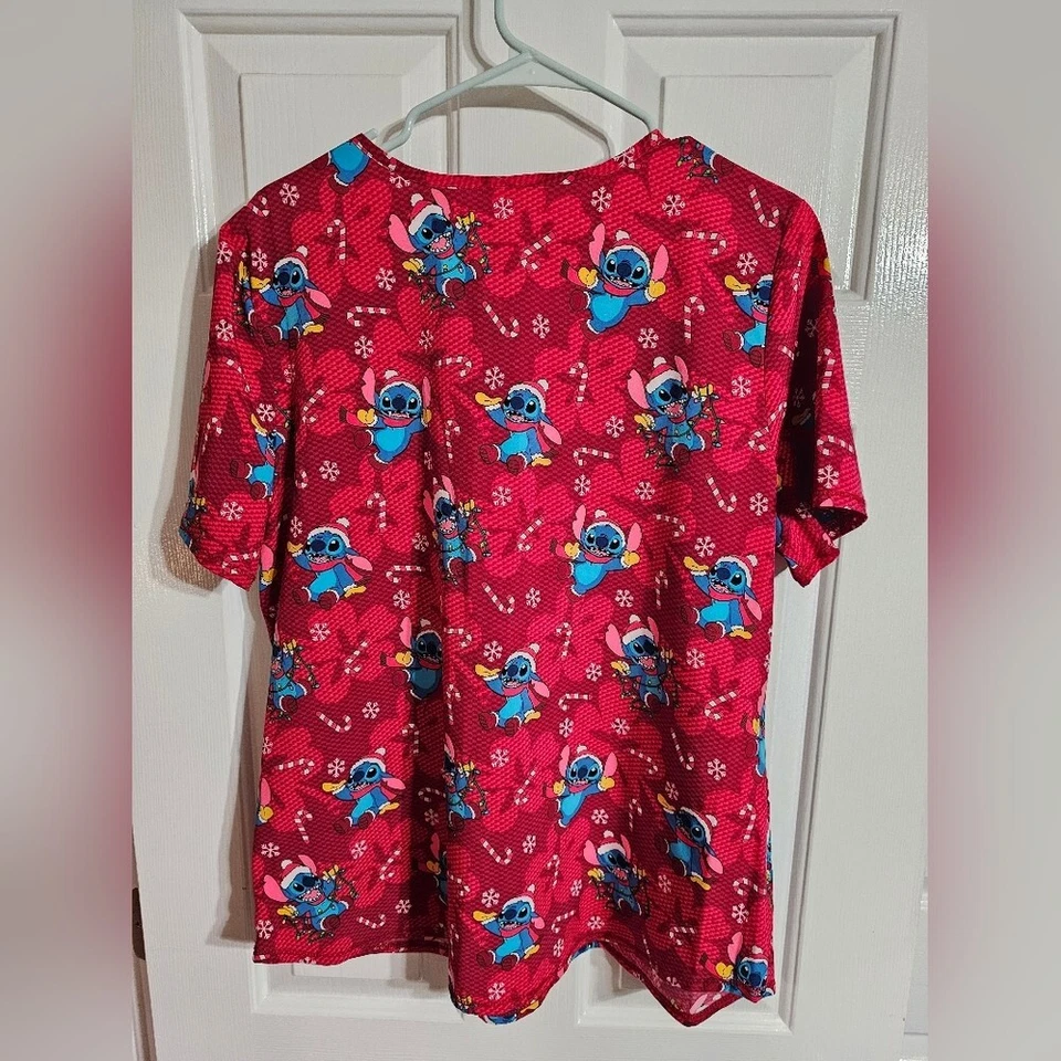 Disney Lilo & Stitch Christmas Scrub Top Large Red Holiday Nurse Doctor Uniform - Image 3 of 4
