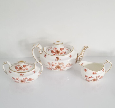Fine Royal Crown Derby Rust & Gilt Leaves Tea Pot Creamer& Sugar Bowl Set