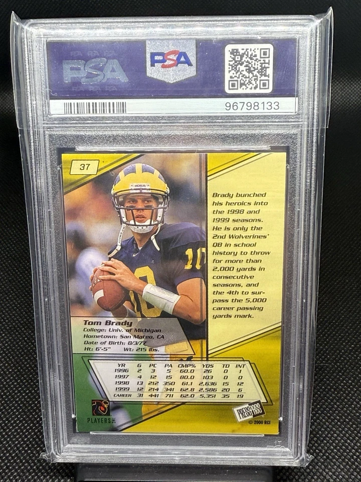 Press Pass 2000 - Tom Brady #37 (RC) plateado PSA 8 casi nuevo/como nuevo losa fresca Foto 2 de 2